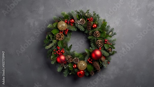 Top view to rich decorated Christmas festive wreath