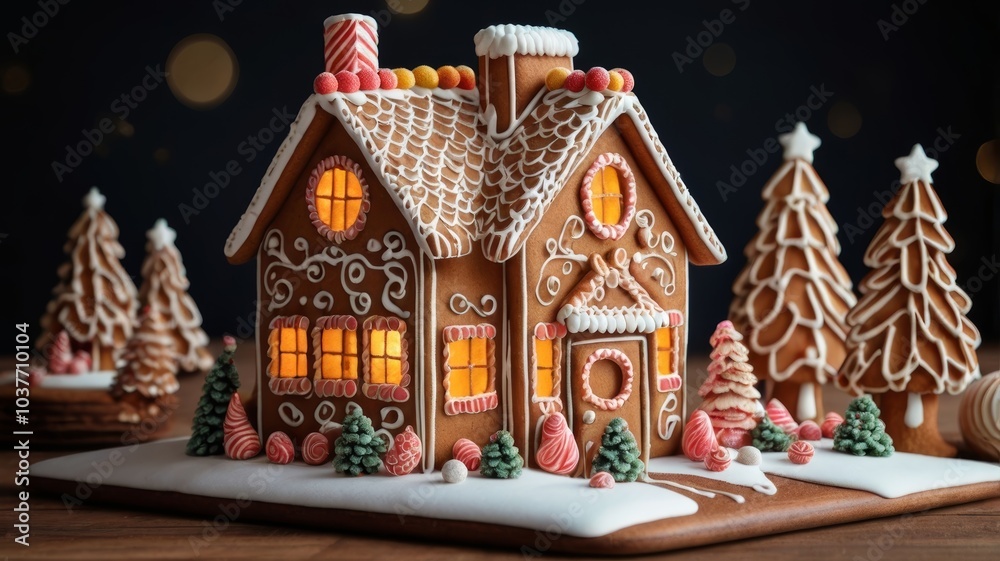 Magic Christmas market with handmade gingverbread houses and trees. Night sky with stars and huge moon on background. Magic Christmas market with handmade gingverbread houses and trees. Night sky with stars and huge moon on background.