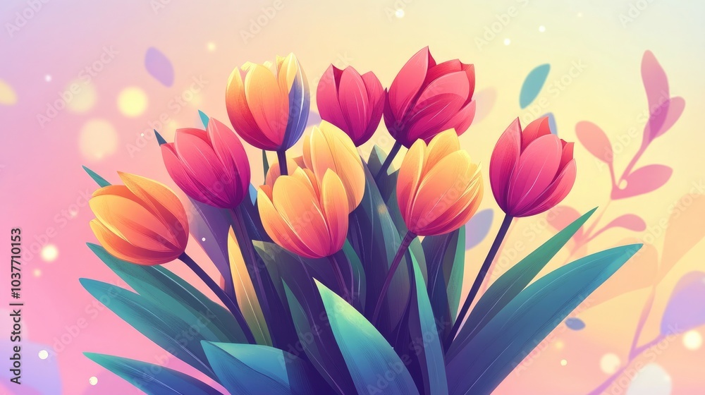 2D cartoon illustration of a vibrant bouquet of tulips 2D cartoon illustration of a vibrant bouquet of tulips