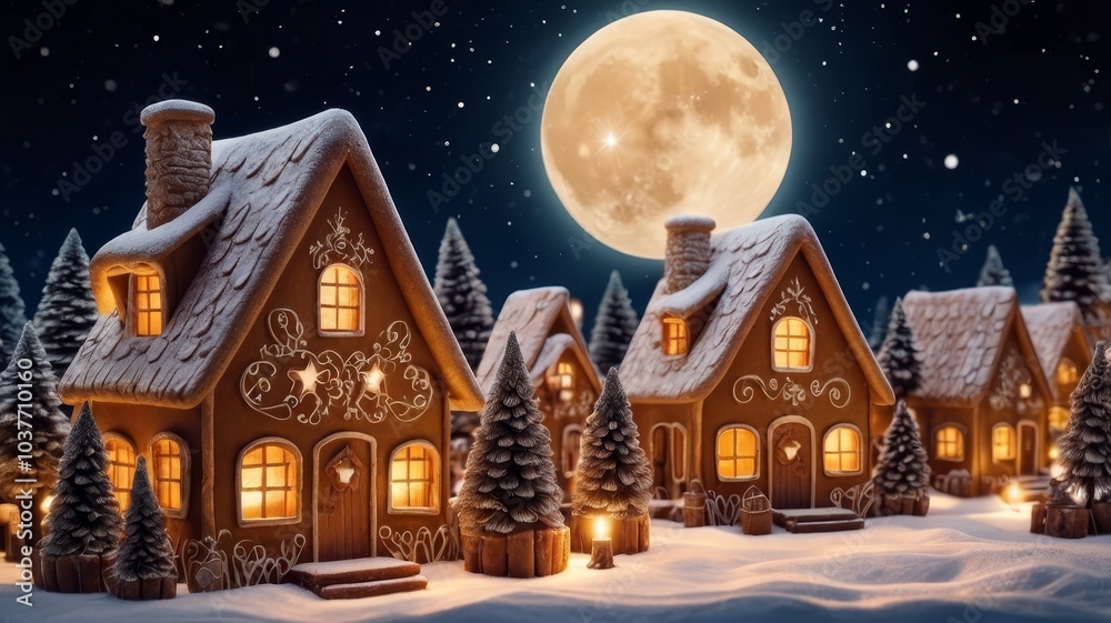 Fototapeta premium Magic Christmas market with handmade gingverbread houses and trees. Night sky with stars and huge moon on background.