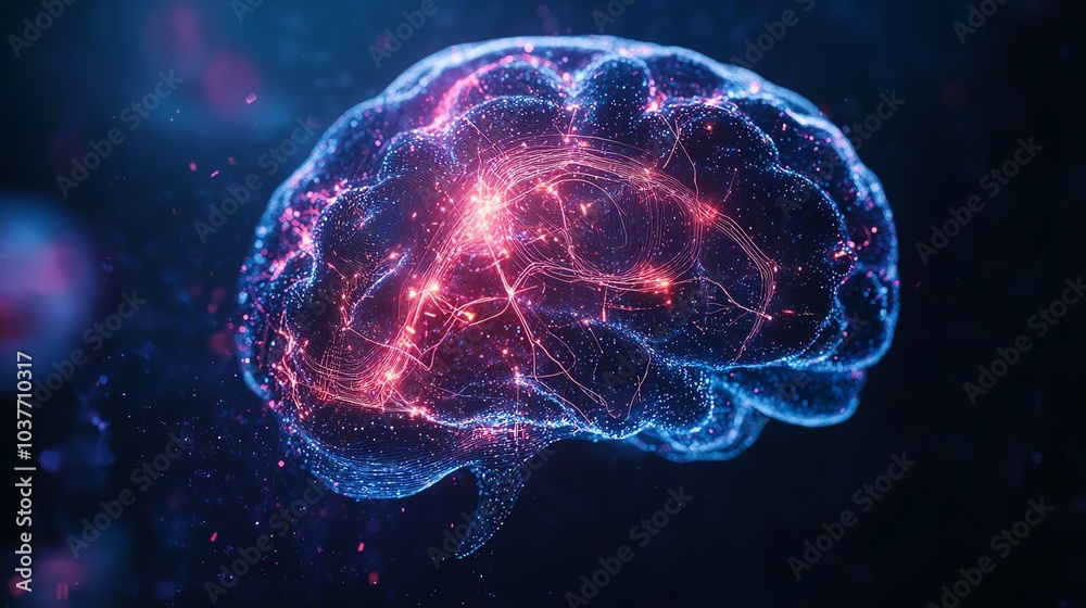 Brain with neural connections, illuminated against dark background Brain with neural connections, illuminated against dark background