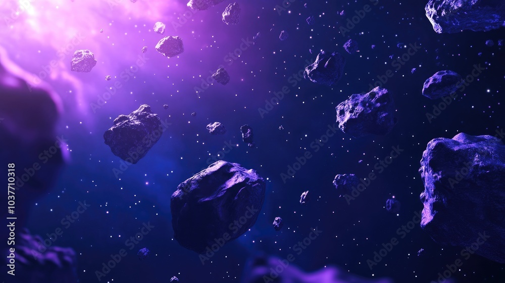 3D cartoon illustration of a dark outer space asteroid belt featuring close up rock formations of cosmic debris and giant meteorites Celestial objects set against a starry background with dust neb 3D cartoon illustration of a dark outer space asteroid belt featuring close up rock formations of cosmic debris and giant meteorites Celestial objects set against a starry background with dust neb