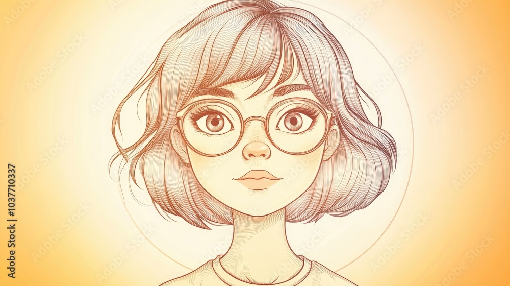 Warm gradient line art depicting an adorable cartoon girl with a stylish hipster haircut Warm gradient line art depicting an adorable cartoon girl with a stylish hipster haircut