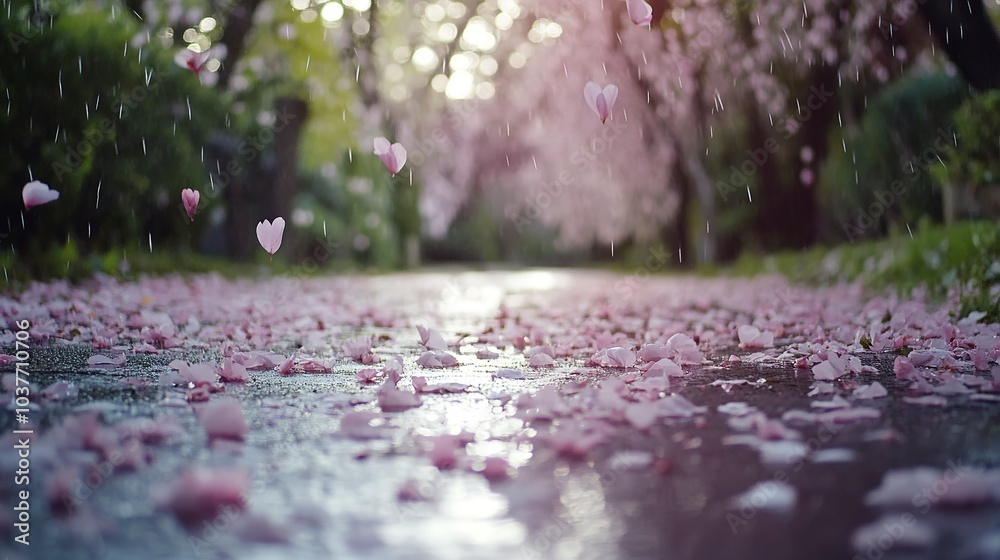 Fototapeta premium Sakura garden after rain wet blossoms glistening in the soft sunlight petals covering the ground gentle breeze moving the branches Camera wide angle from ground level calm and refreshing 
