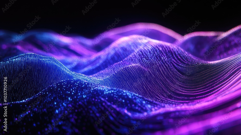 Blue and purple wave lines create a light gradient against a dark backdrop This abstract design represents technology and big data with a 3D rendering effect Blue and purple wave lines create a light gradient against a dark backdrop This abstract design represents technology and big data with a 3D rendering effect