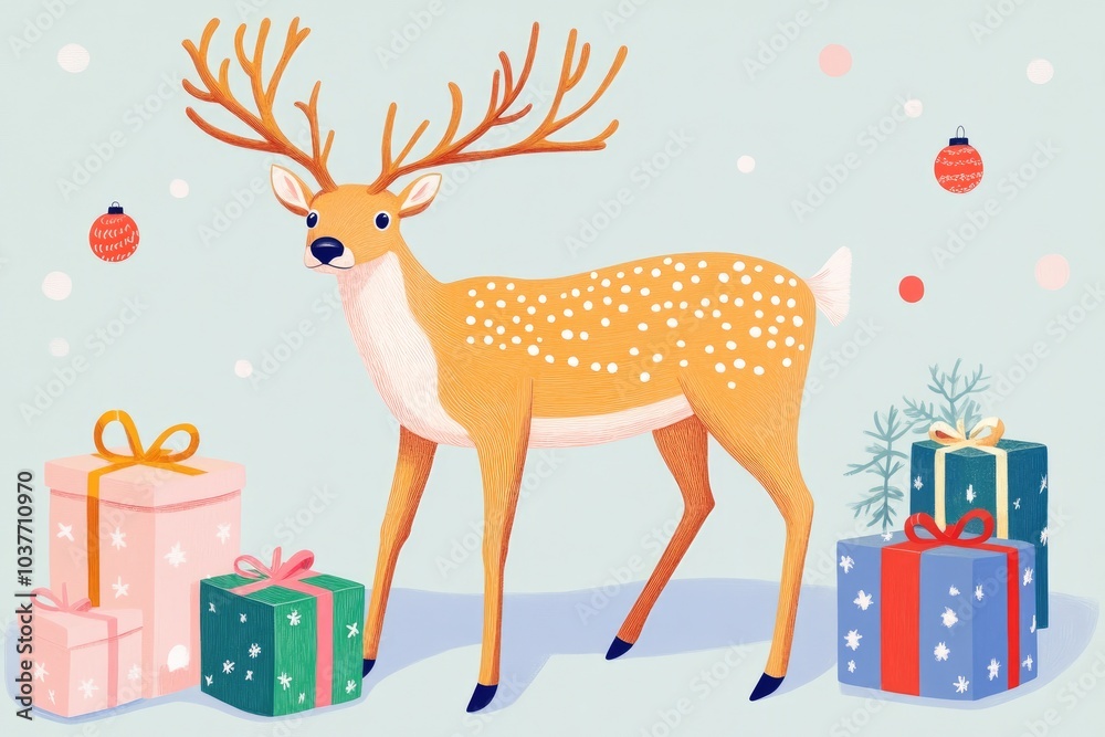 Fototapeta premium Golden reindeer surrounded by gifts on a festive green background