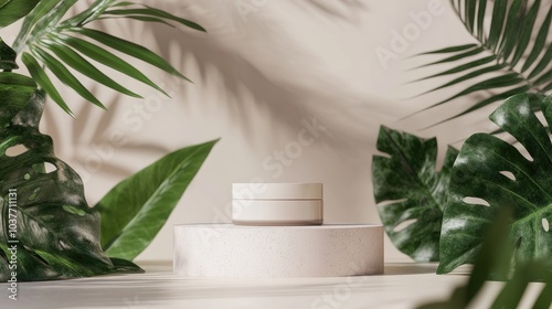 Cosmetic product podium surrounded by natural leaves on a light background 3D rendering