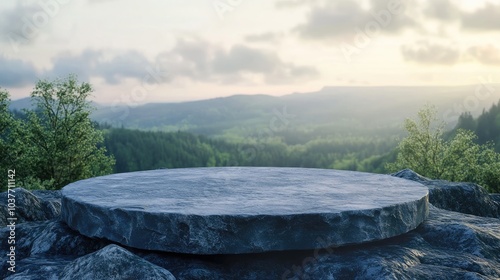 Round bluish stone podium on a rocky platform featuring a flat surface for product display with a blurred horizon and green forest in the natural scenery illuminated by soft daylight