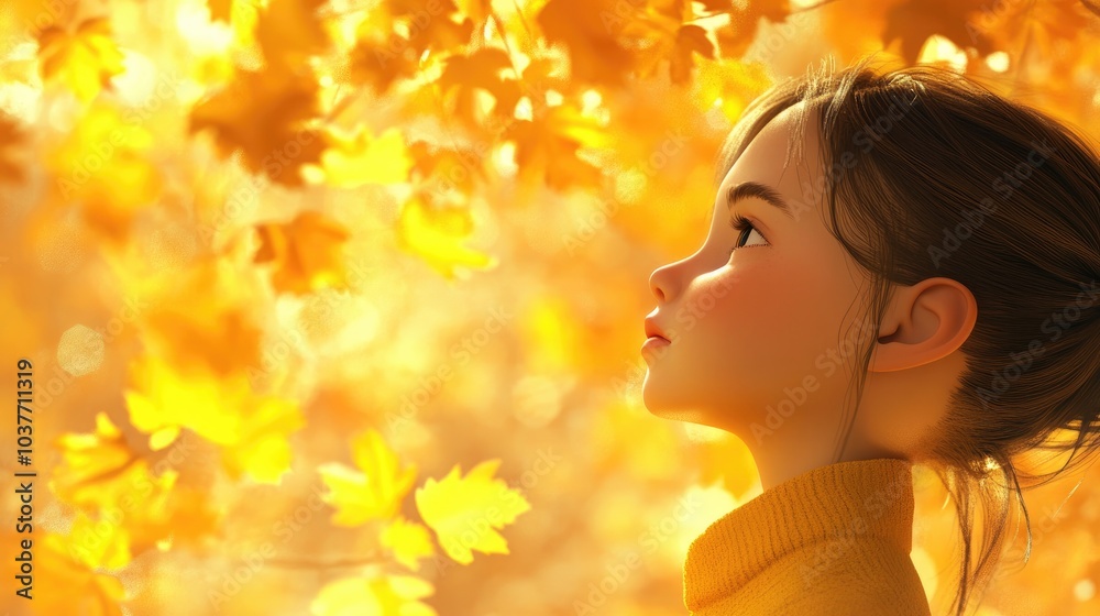 3D Cartoon of a Young Girl Dreamily Gazing at Golden Autumn Nature 3D Cartoon of a Young Girl Dreamily Gazing at Golden Autumn Nature