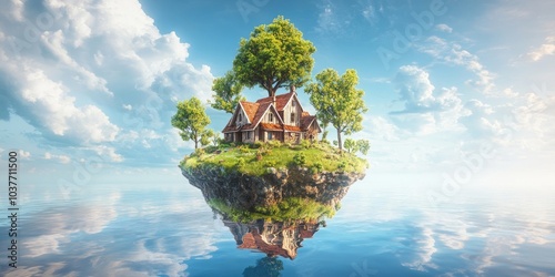 Panoramic view of a solitary house situated on the surface of a lagoon within a serene natural park, Panoramic view of a lone house on a lagoon in a tranquil natural setting
