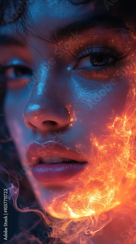 Glowing Portrait: Woman with Fire and Smoke