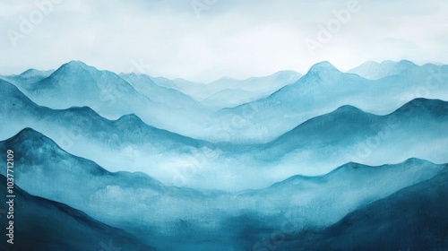 Mountain landscape painting featuring fog and hills ideal for children s room decor photo