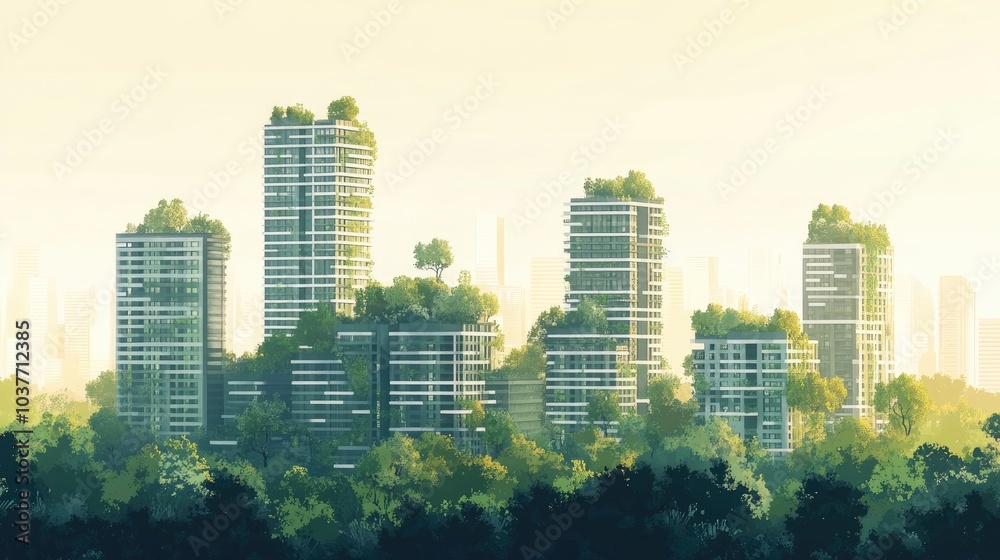 Fototapeta premium Illustration Of A Net Zero Carbon Sustainable City With Urban Forests Environment Landscape Ecology Eco Friendly Civilization Sustainable Garden City Concept