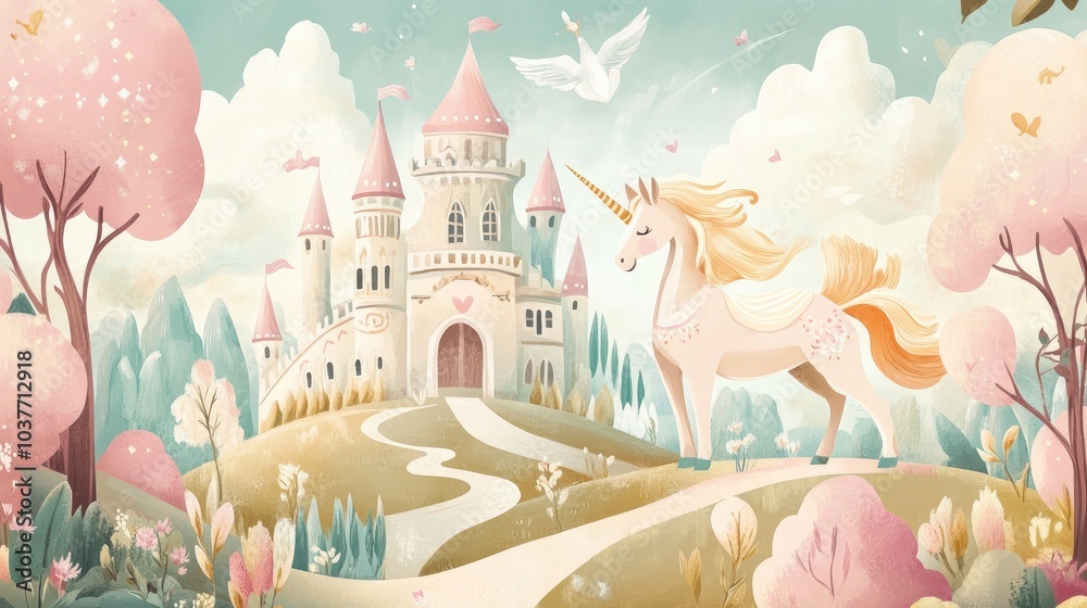 Fototapeta premium Illustration of a princess and unicorn mural designed for girls nurseries perfect for kids room decor