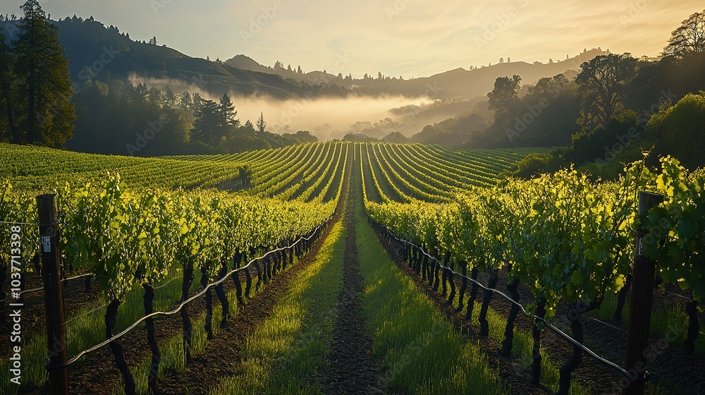 Fototapeta premium A sprawling vineyard at sunrise, golden light bathing rows of grapevines, wide-angle shot capturing the lush green vines stretching into the misty distance, with dew glistening on the leaves. 
