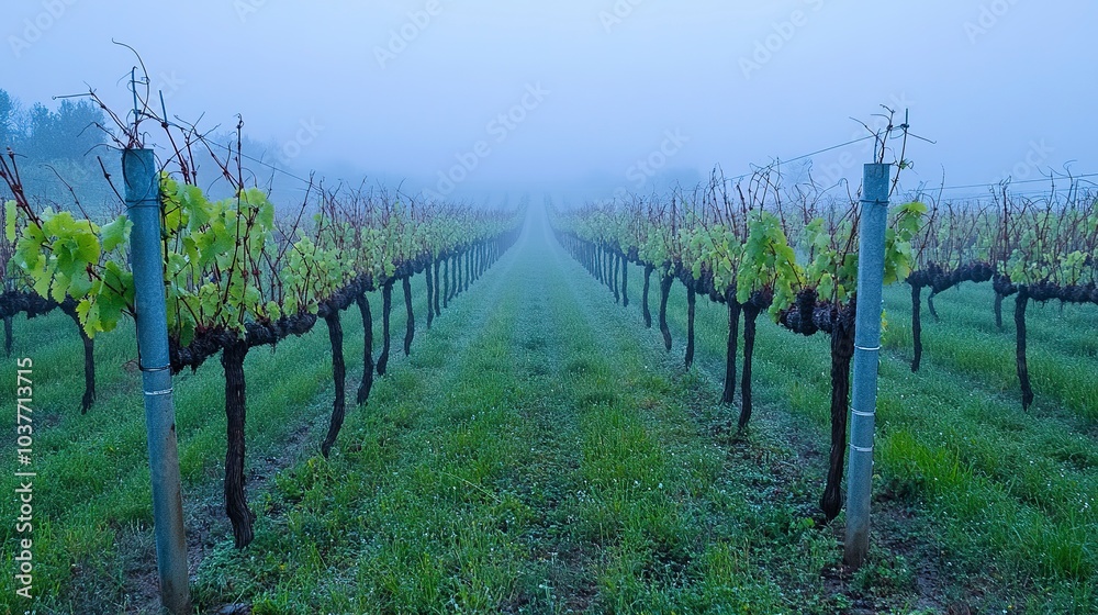 Obraz premium A peaceful vineyard in the early morning fog, rows of grapevines stretching out under soft diffused light, wide-angle shot capturing the tranquil atmosphere and dewy greenery. 