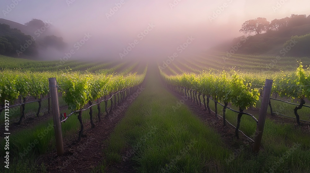 A peaceful vineyard in the early morning fog, rows of grapevines stretching out under soft diffused light, wide-angle shot capturing the tranquil atmosphere and dewy greenery A peaceful vineyard in the early morning fog, rows of grapevines stretching out under soft diffused light, wide-angle shot capturing the tranquil atmosphere and dewy greenery