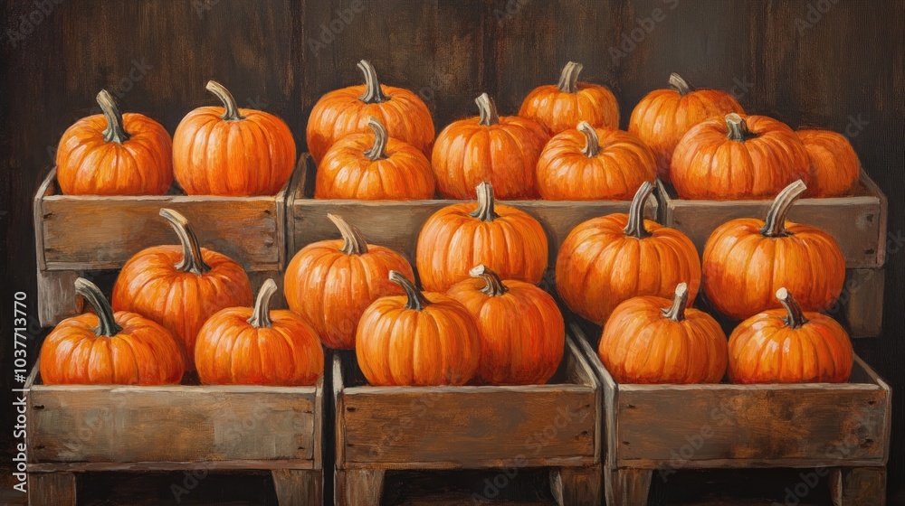 Oil painting featuring orange pumpkins arranged in wooden boxes ideal for Halloween decorations and themed decor