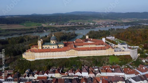 Melk, Austria - October 19, 2024: aerial view on the Melk abbey at the warm autumn