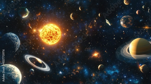 3D cartoon portrayal of the solar system s planets including the Earth along with galaxies stars comets asteroids meteorites and nebulae A panoramic view of space photo