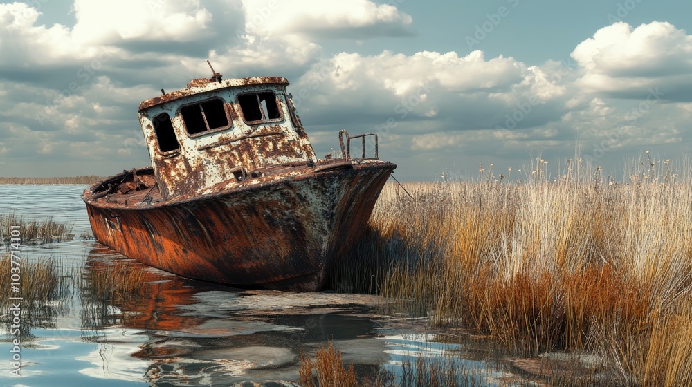 3D rendering of an old abandoned boat in a state of decay 3D rendering of an old abandoned boat in a state of decay