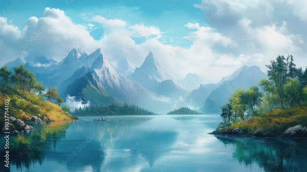 Oil painting depicting a majestic mountain range with serene waters in a tranquil nature setting