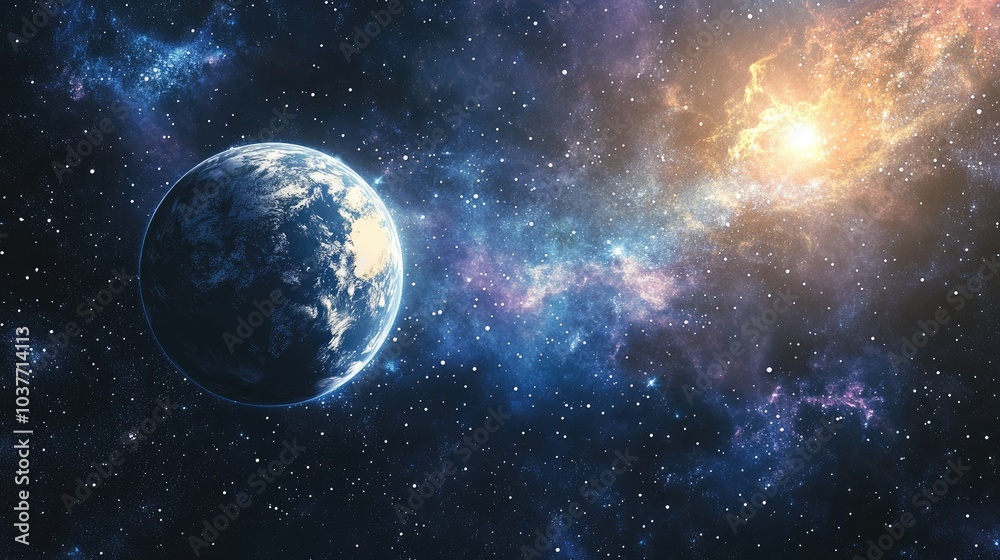 Obraz premium Earth galaxy nebula and Sun in a 3D cartoon rendering