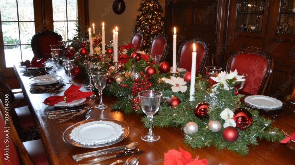 Elegant Holiday Table Set with Candles and Ornaments Elegant Holiday Table Set with Candles and Ornaments