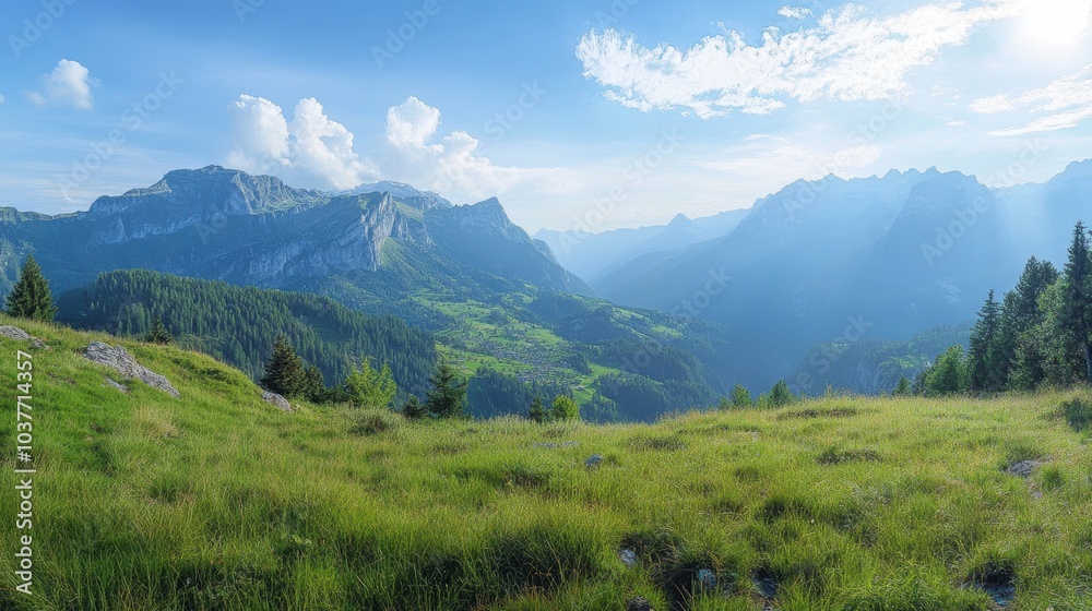 Mountainous landscape with green meadow and blue sky. Mountainous landscape with green meadow and blue sky.