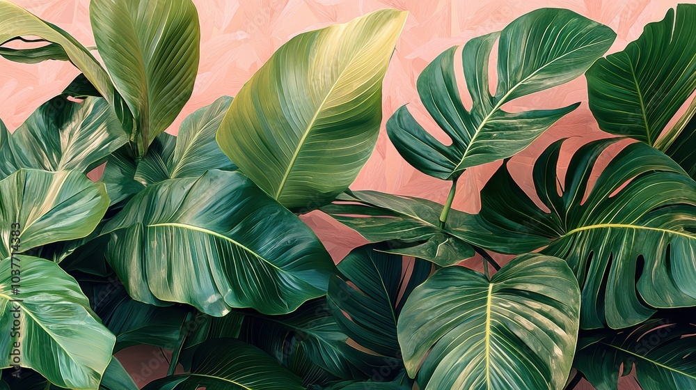 Large green leaves against a pink background. Large green leaves against a pink background.