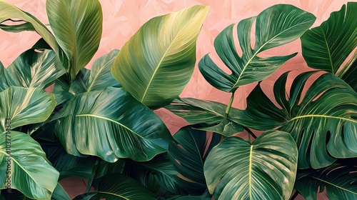 Wallpaper Mural Large green leaves against a pink background. Torontodigital.ca