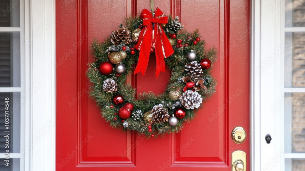 Festive Pinecone Wreath on Red Door Festive Pinecone Wreath on Red Door