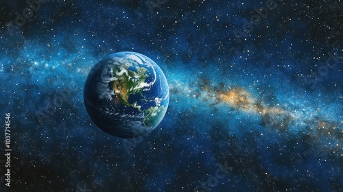 Cartoon rendering in 3D of Planet Earth against the backdrop of the Milky Way galaxy