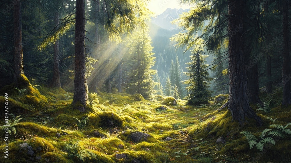Fototapeta premium Oil painting depicting sunlight filtering through a light spruce forest with moss and ferns covering the soil set against a backdrop of mountains