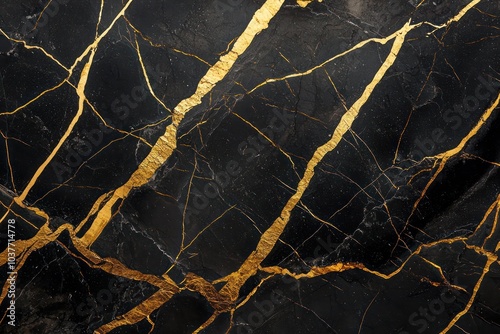 Elegant black marble enriched with golden kintsugi elements, providing a luxurious background for sophisticated designs.