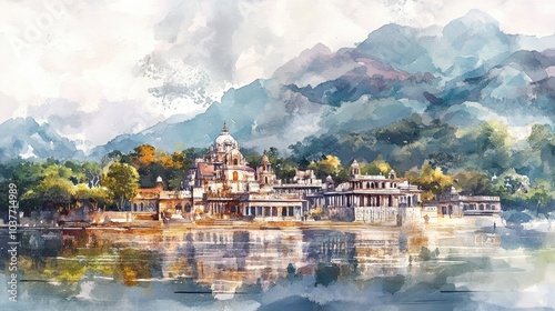 Scenic view of an ancient town in a world heritage site featuring landmarks and vibrant landscapes illustrated through colorful watercolor and oil painting techniques for travel themed concepts photo