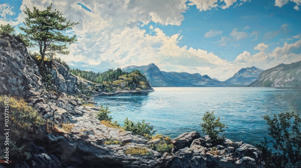 Fototapeta premium Oil painting depicting a wide panoramic view of a serene body of water surrounded by rugged terrain