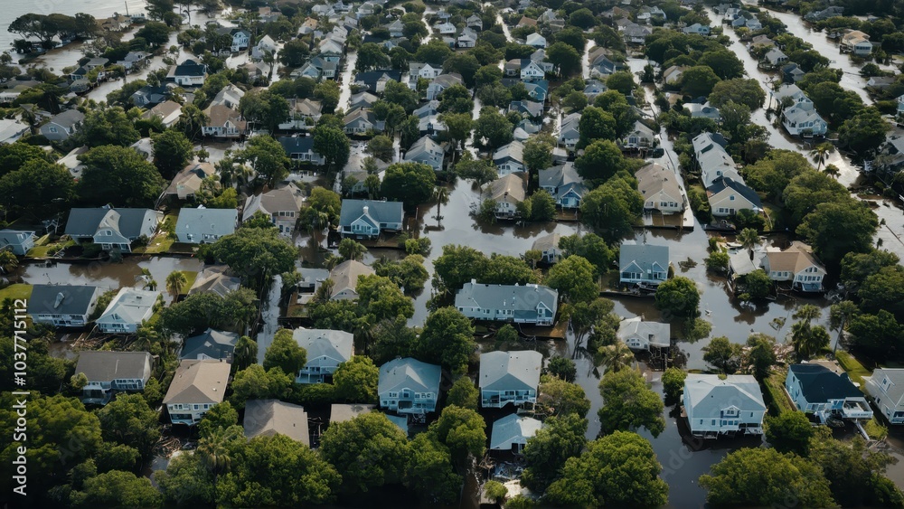 Aerial view of flooded residential neighborhood with submerged homes and streets after a coastal disaster Aerial view of flooded residential neighborhood with submerged homes and streets after a coastal disaster