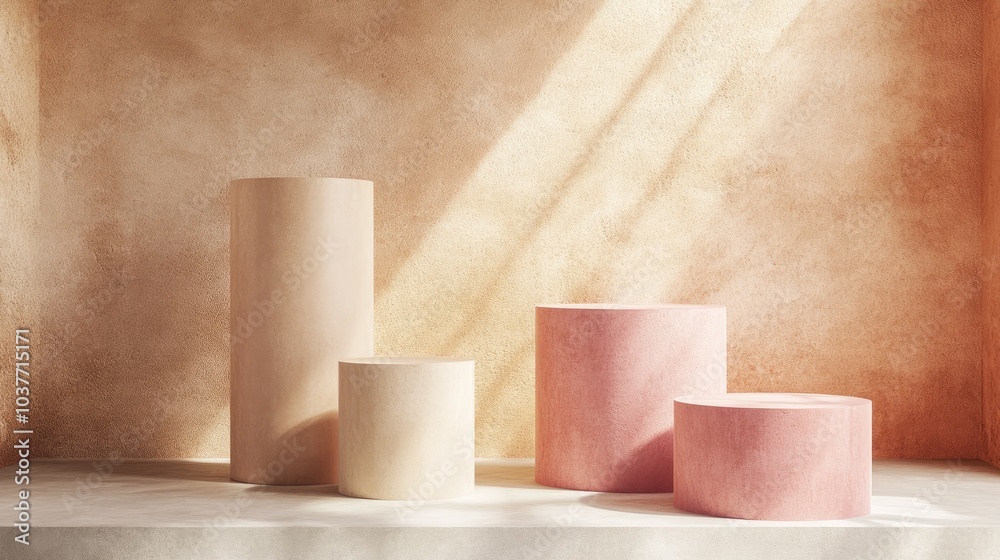 3D render illustration of three pastel colored cylinders and podiums in a geometric arrangement featuring empty space for showcasing product designs Minimalistic banner background