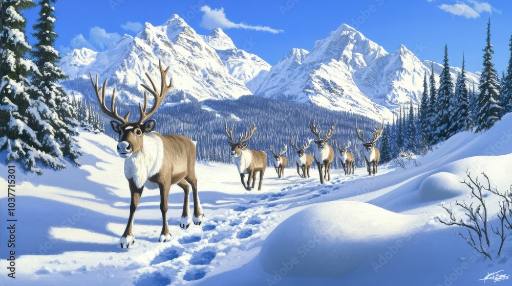 Reindeer Trekking Through Snowy Landscape Reindeer Trekking Through Snowy Landscape