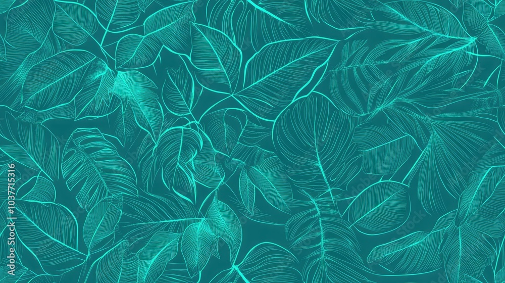 Fototapeta premium Seamless Pattern of Tropical Leaves Tropical Floral Patterns in Mint Jade Leaf Designs Seafoam Outline of Tropical Foliage