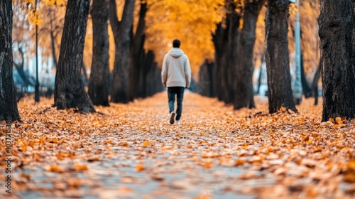 A person walks down a tree-lined path covered in vibrant autumn leaves, AI