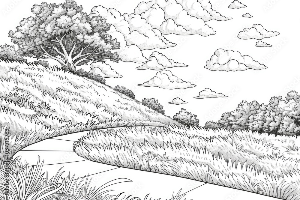 Fototapeta premium Coloring book illustration of a sloping hill featuring scrub oak lush grass a winding sidewalk and a bright sky with fluffy clouds