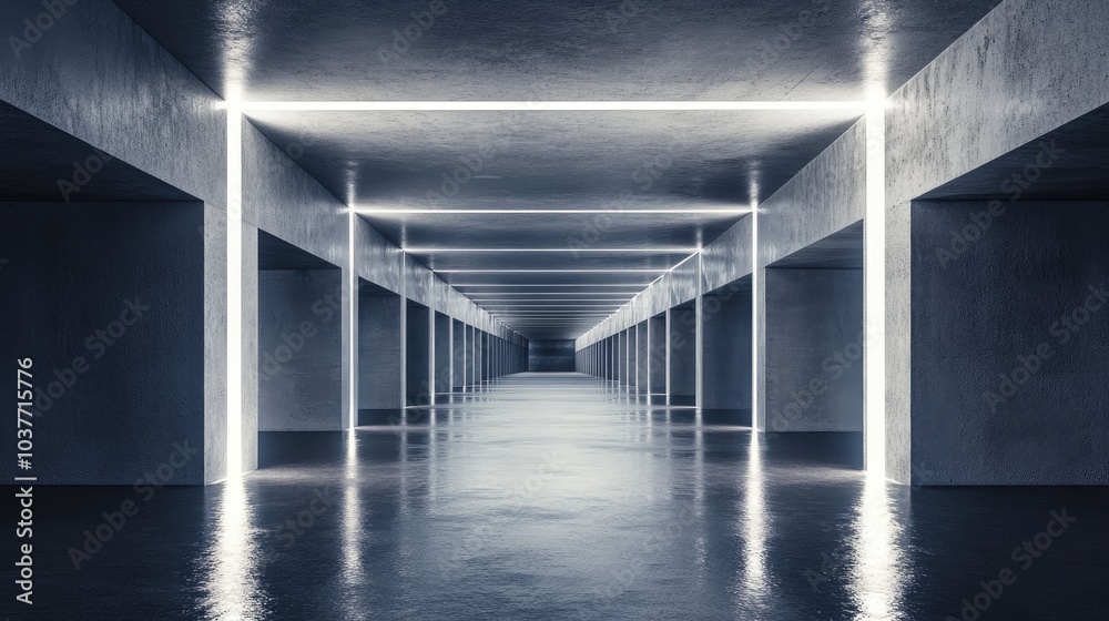 Fototapeta premium Futuristic modern sci fi concrete corridor in an underground setting featuring dark grunge elements and reflective surfaces with glowing accents ideal for a spaceship themed 3D rendering