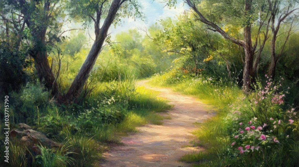 Obraz premium Oil painting depicting a trail through a lush nature reserve showcasing serene landscapes and vibrant flora