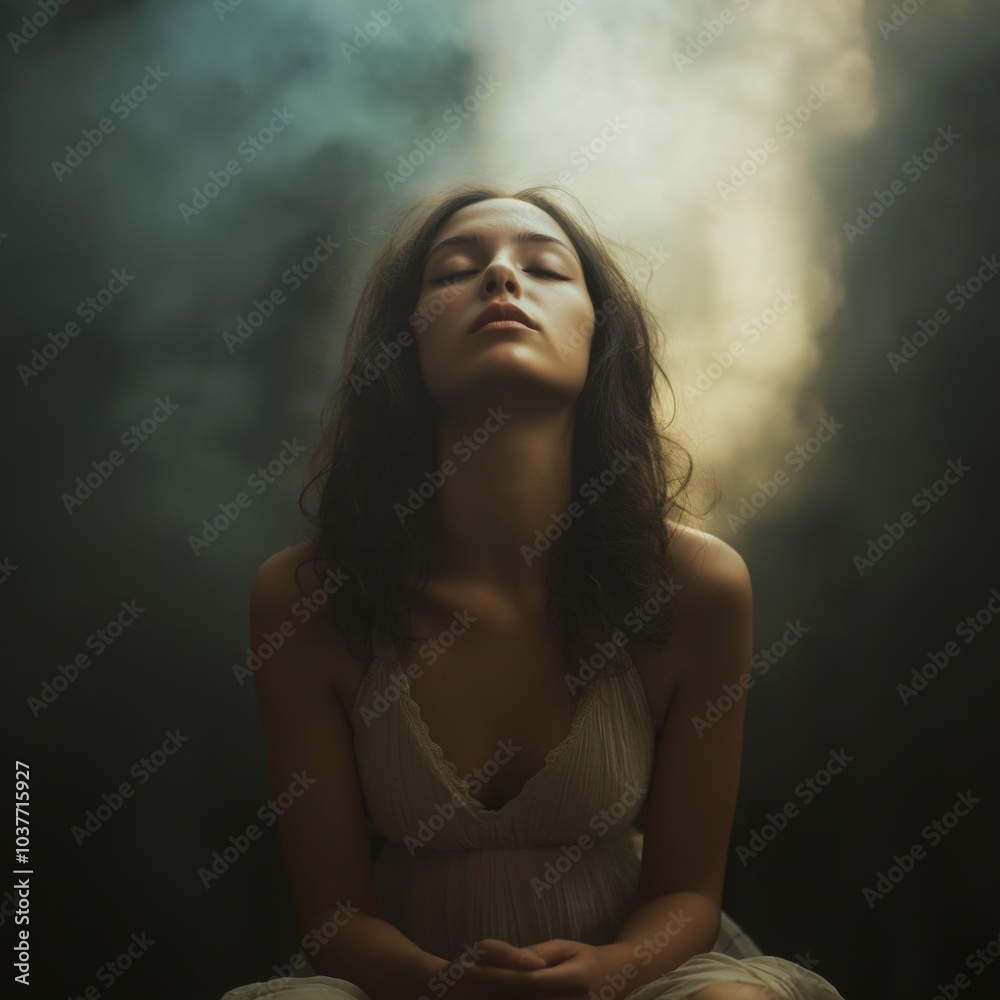 A woman sits in serene meditation as mystical fog envelops her, creating a serene and introspective moment. A woman sits in serene meditation as mystical fog envelops her, creating a serene and introspective moment.