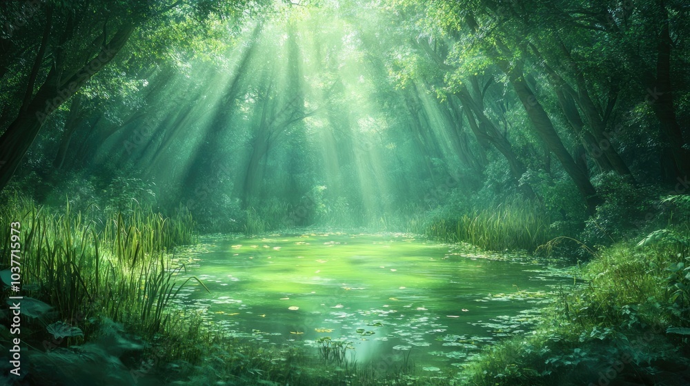 Fantasy forest landscape with a vibrant green lake surrounded by reeds An enchanting wild nature setting ideal for an adventure scene illuminated by sunlight in a summer atmosphere Fantasy forest landscape with a vibrant green lake surrounded by reeds An enchanting wild nature setting ideal for an adventure scene illuminated by sunlight in a summer atmosphere