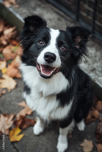 A joyful black and white dog sits amidst fallen autumn leaves with a heartwarming and playful expression.