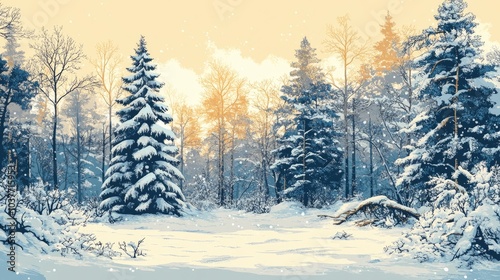 Coloring book illustration of snow covered trees in a serene forest after a blizzard Early sunlight illuminating a winter wonderland Panoramic scene