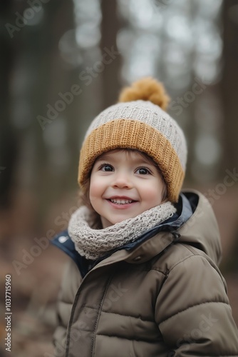 A joyful child wearing a knitted hat and scarf beams a smile in a cozy, woodsy autumn environment.